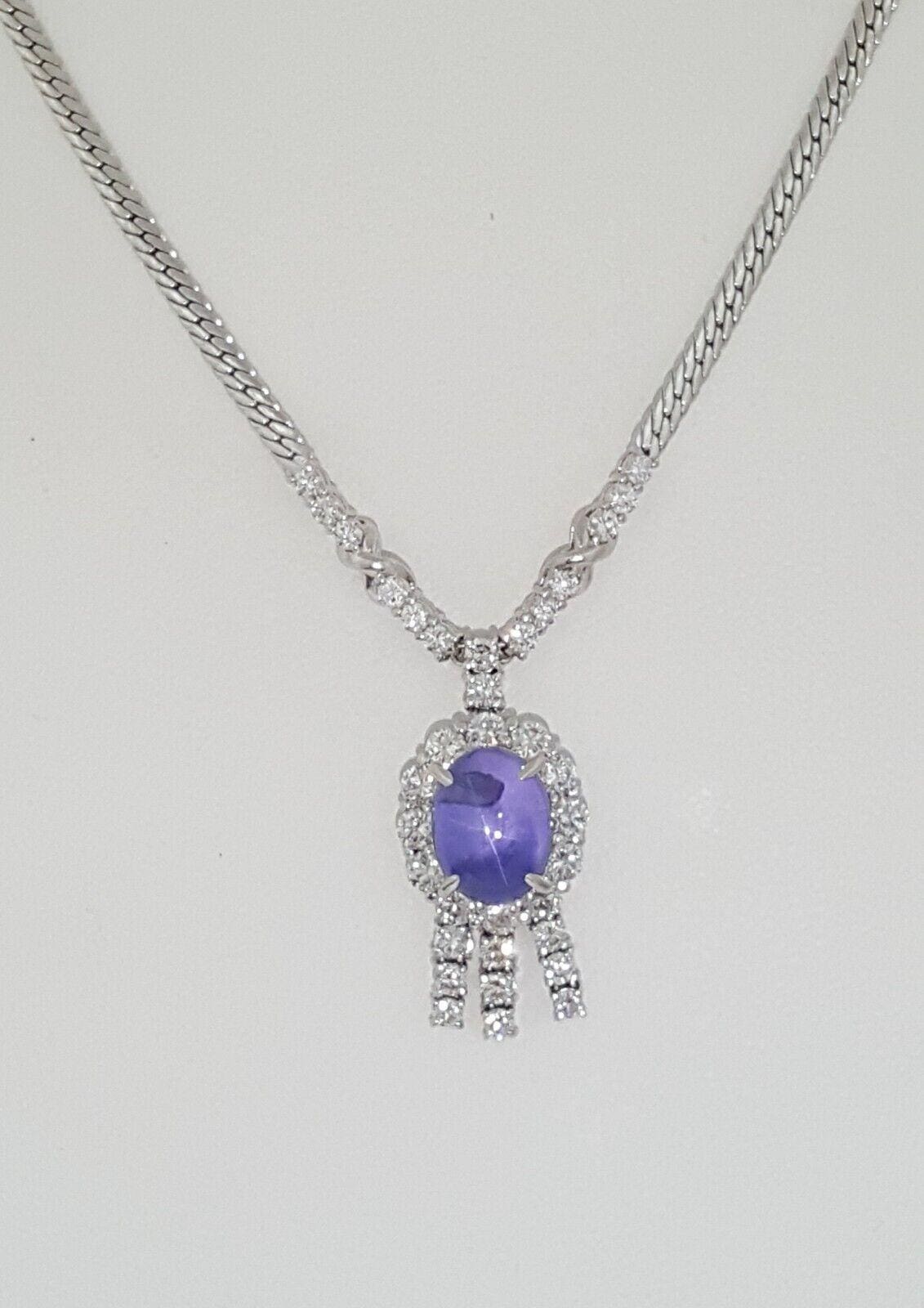 Platinum Oval Cabochon Star Sapphire & Diamonds Necklace 11.37 ctw