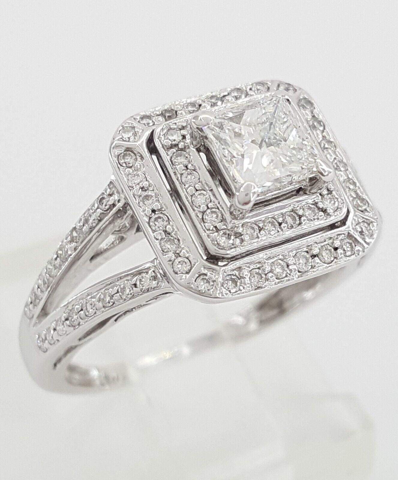 Princess Diamond Double Halo Split Shank Engagement Ring 0.93 ct 14k White Gold