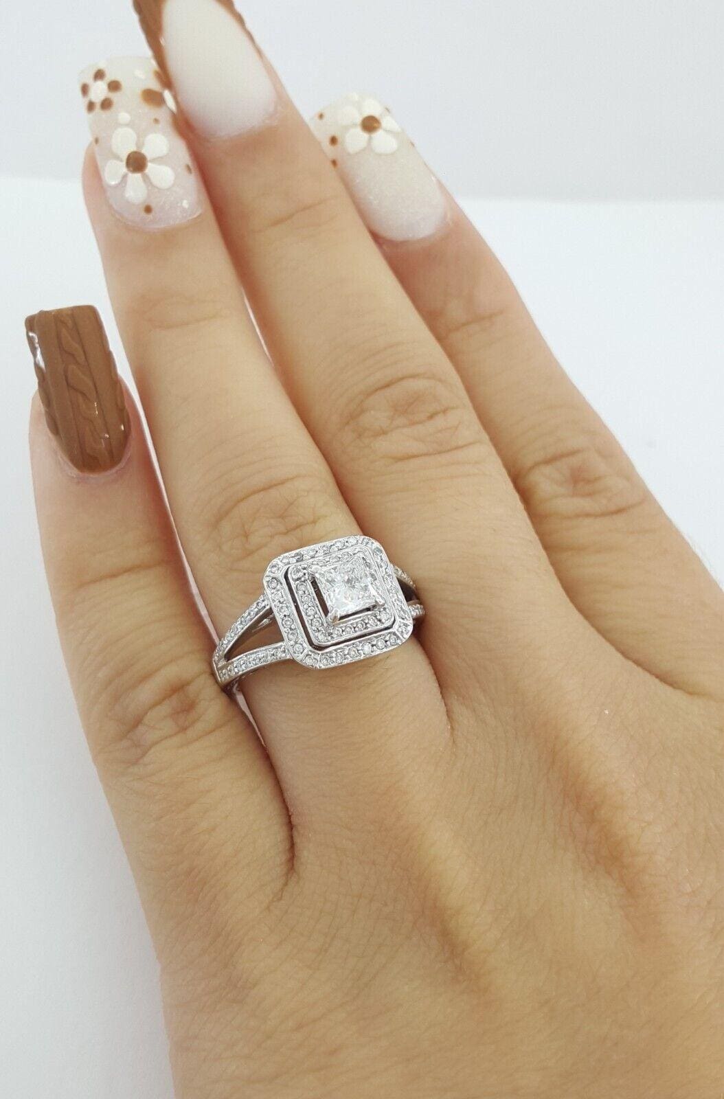 Princess Diamond Double Halo Split Shank Engagement Ring 0.93 ct 14k White Gold