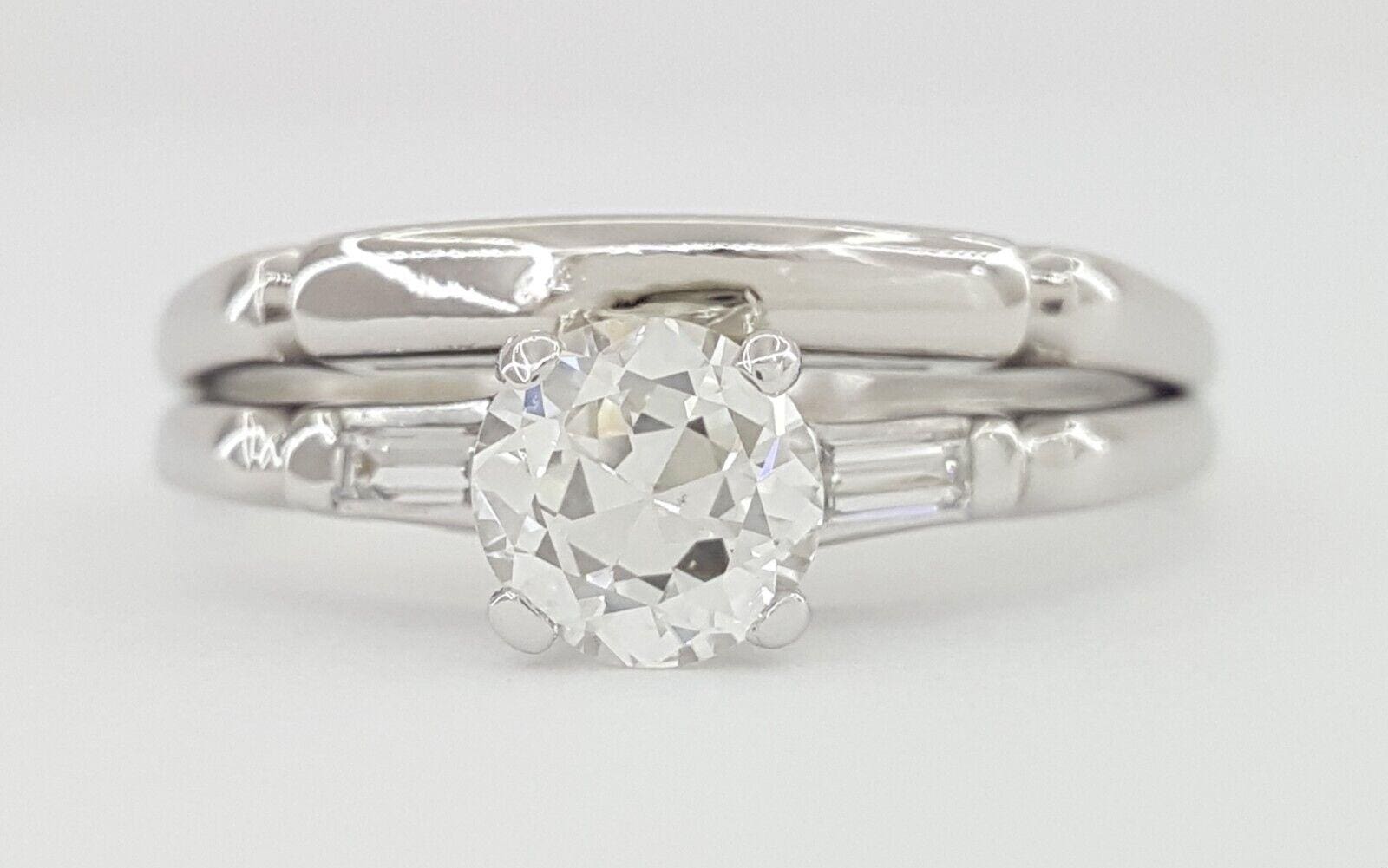 Art Deco Old European Diamond 0.63 ct Engagement Ring Wedding Band 14k W Gold