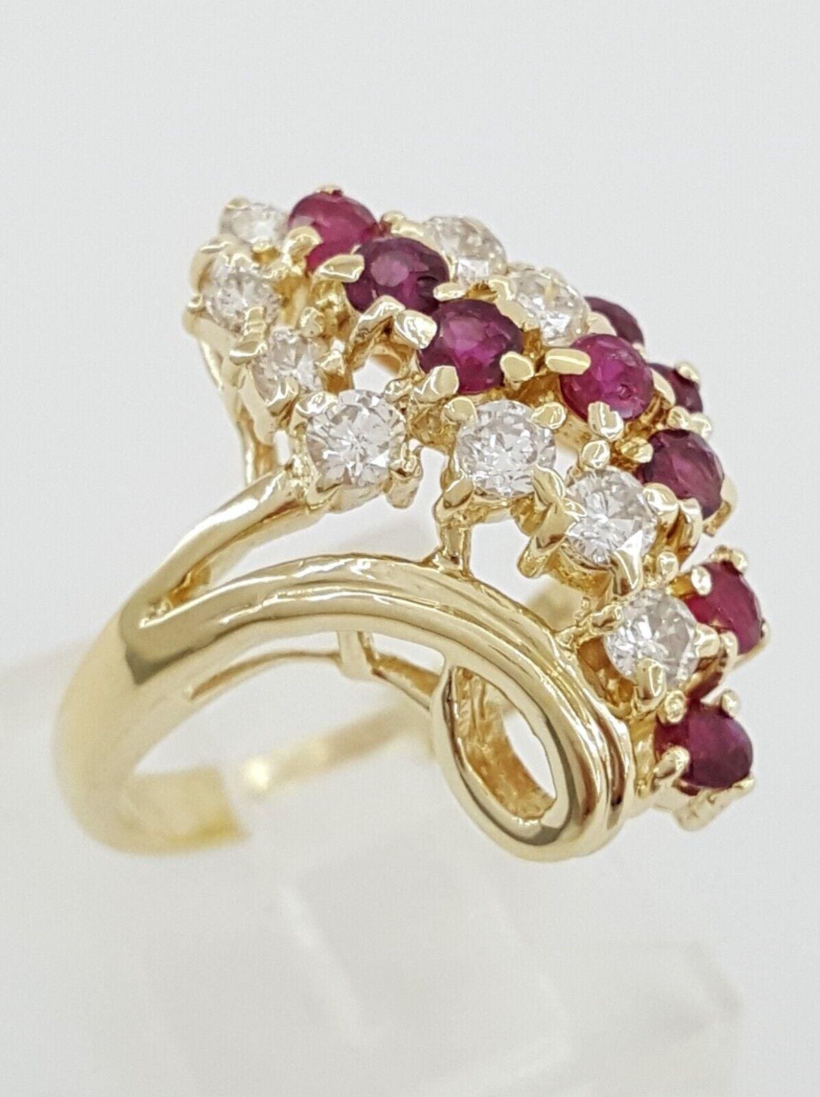 Vintage Round Cut Diamond & Red Ruby 1.4 ct Waterfall Statement Ring 14k Gold