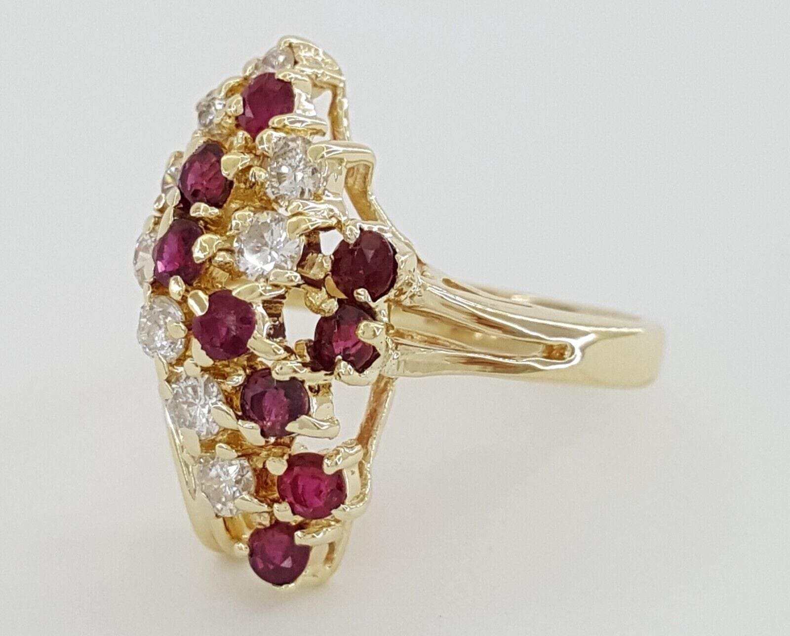 Vintage Round Cut Diamond & Red Ruby 1.4 ct Waterfall Statement Ring 14k Gold