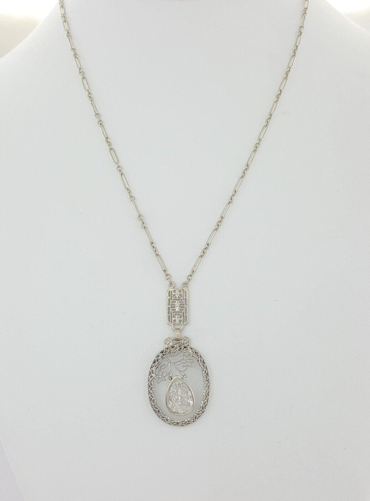 Antique Vintage Pear Diamond Solitaire Flower Necklace 1.65 ct 14K White Gold