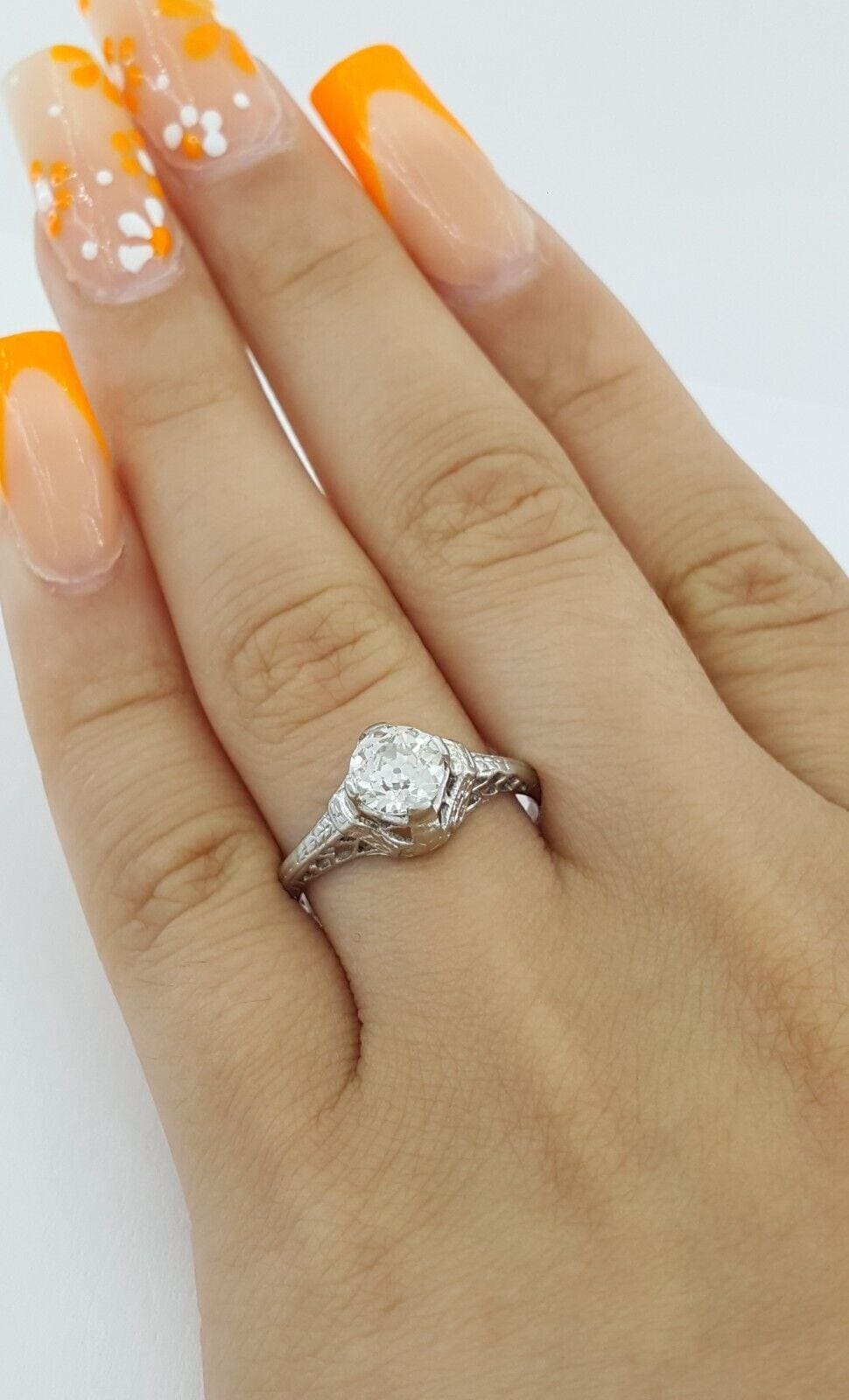 Art Deco Vintage Platinum Old European 0.88 ct Diamond Engagement Ring GIA