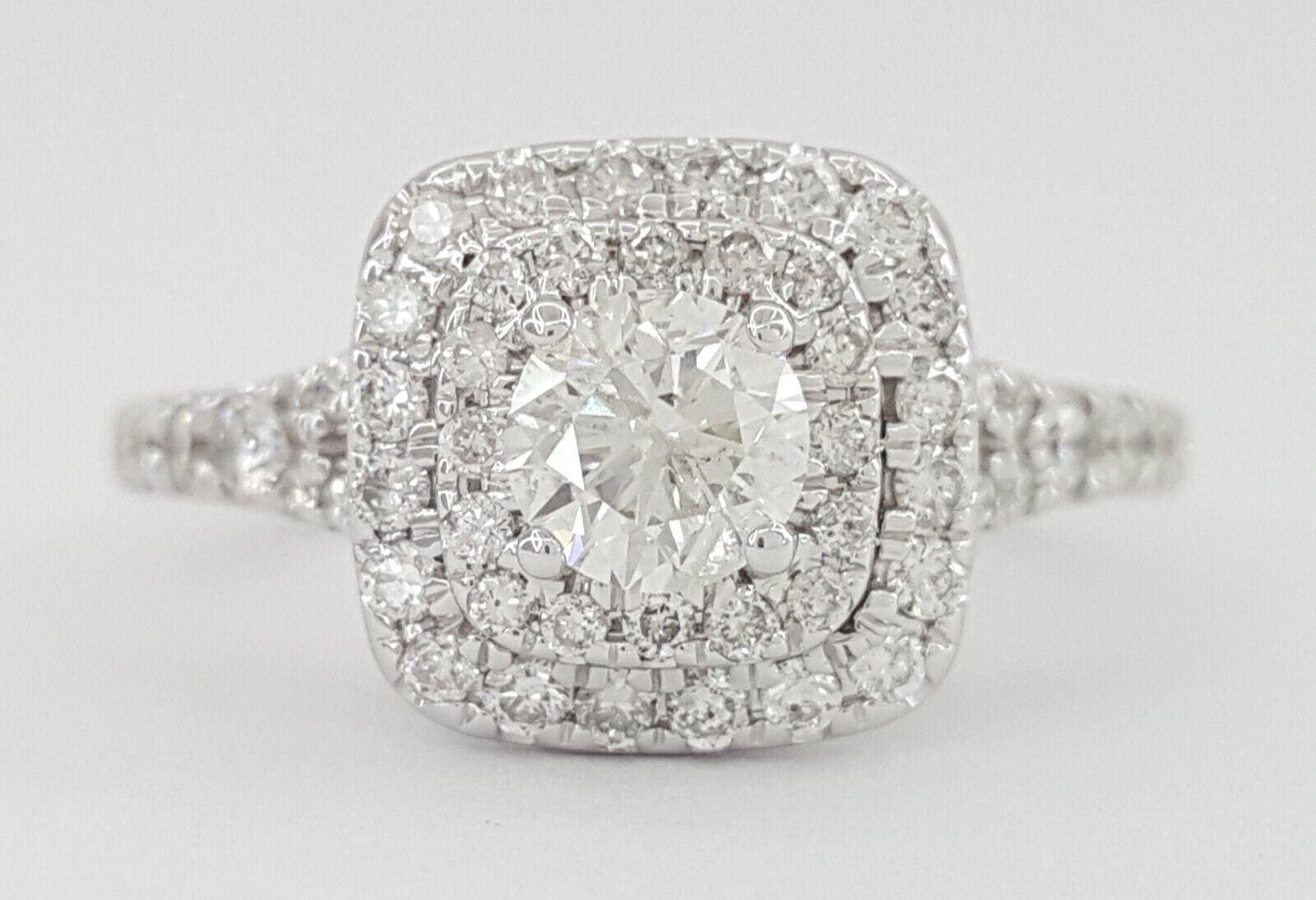 Round Diamond Double Halo Split Shank Engagement Ring 14k White Gold 0.82 ct