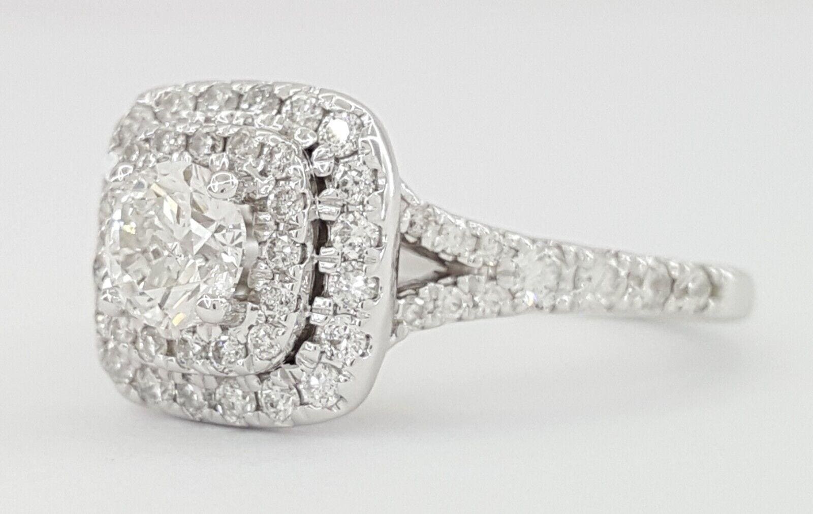 Round Diamond Double Halo Split Shank Engagement Ring 14k White Gold 0.82 ct
