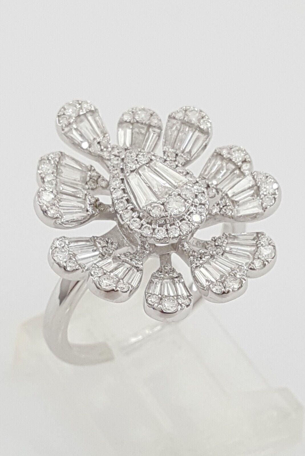 Round & Baguette Cut Diamond Cluster Flower 18k W Gold Statement Ring 1.1 ct