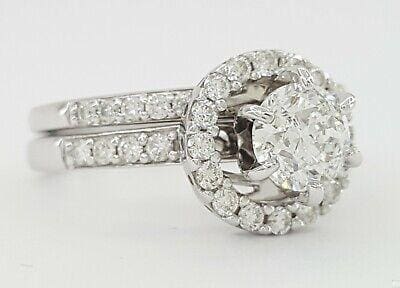 1.31 ct 14K White Gold Round Brilliant Diamond Halo Engagement Wedding Ring Set