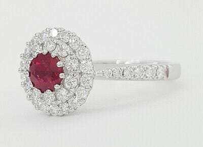 Oval Cut Ruby & Round Diamond Double Halo Engagement Ring 1 ct 18k White Gold