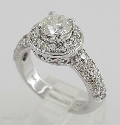 Round Brilliant Cut Halo Pave Diamond Engagement Ring 1.8 ct 14k White Gold GIA