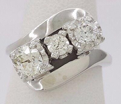 Vintage 0.90 ct 14k White Gold Three Stone Old European Diamond Engagement Ring