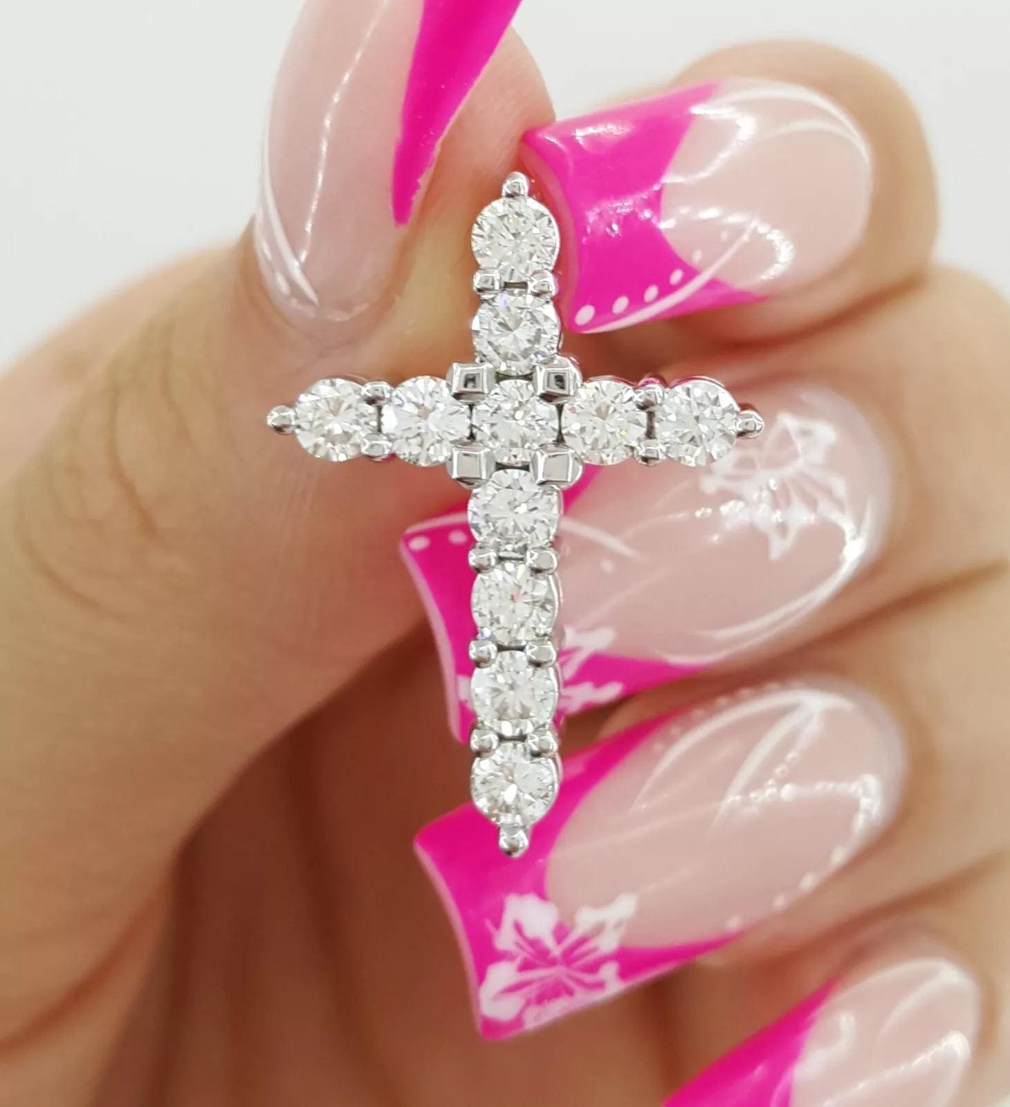 Round Brilliant Cut Diamond Cross Pendant 1.36 ct 14k White Gold 1" Retail 4K