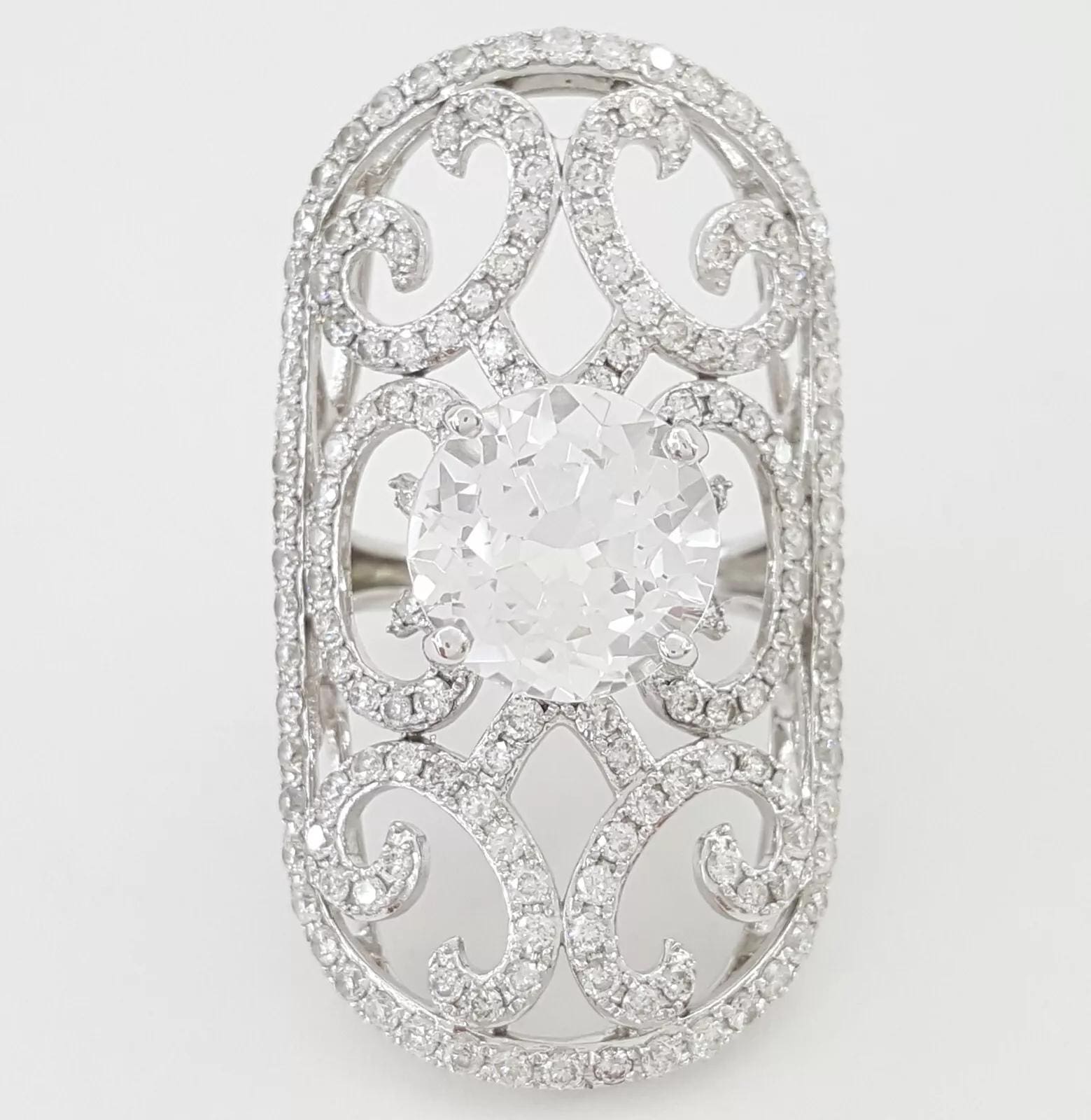 Vintage Round White Sapphire & Diamond Statement Ring 7.48 ct 14k White Gold