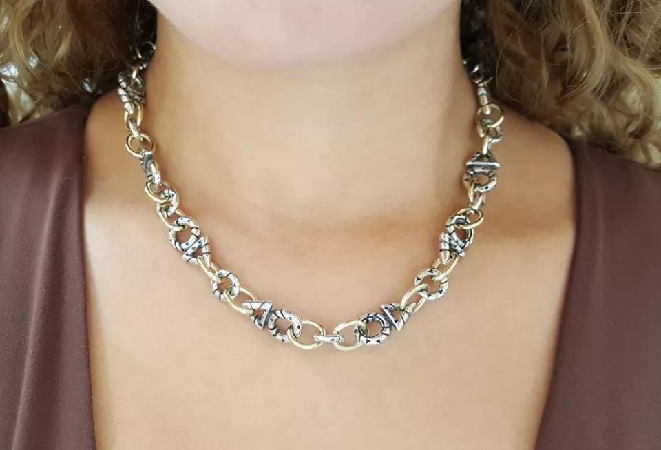 John Atencio Paradox Link Necklace Silver & 14K Yellow Gold 72.2 Grams 17.5"