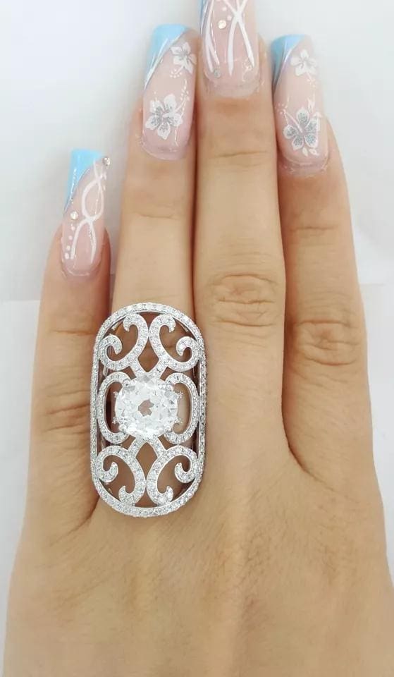 Vintage Round White Sapphire & Diamond Statement Ring 7.48 ct 14k White Gold