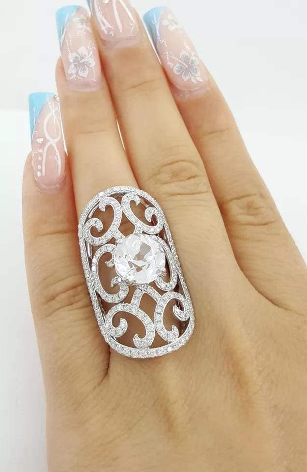 Vintage Round White Sapphire & Diamond Statement Ring 7.48 ct 14k White Gold
