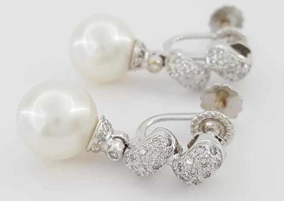 Diamond & Akoya Pearl Swirl Drop Screw Clip-On Earrings 0.5 ct 14k W Gold