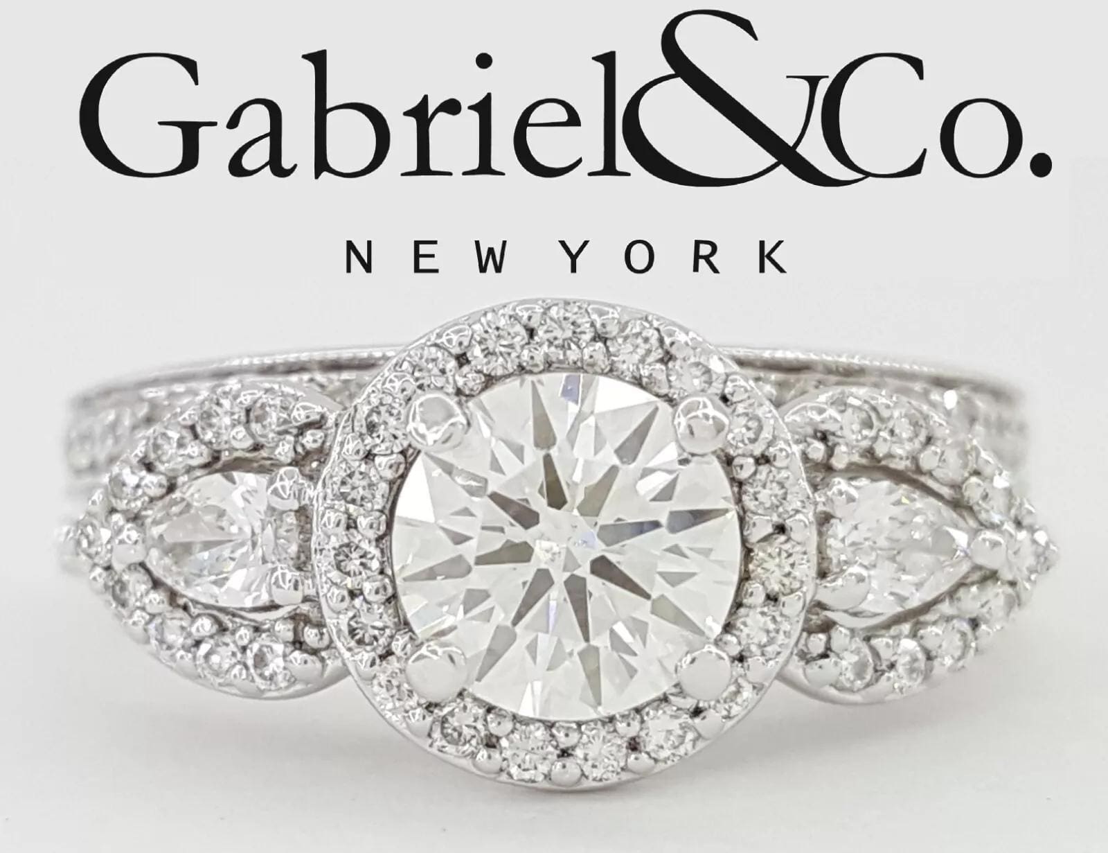 Gabriel & Co Round Diamond Halo 1.28 ct 14K W Gold Engagement Ring Set Rtl 6K