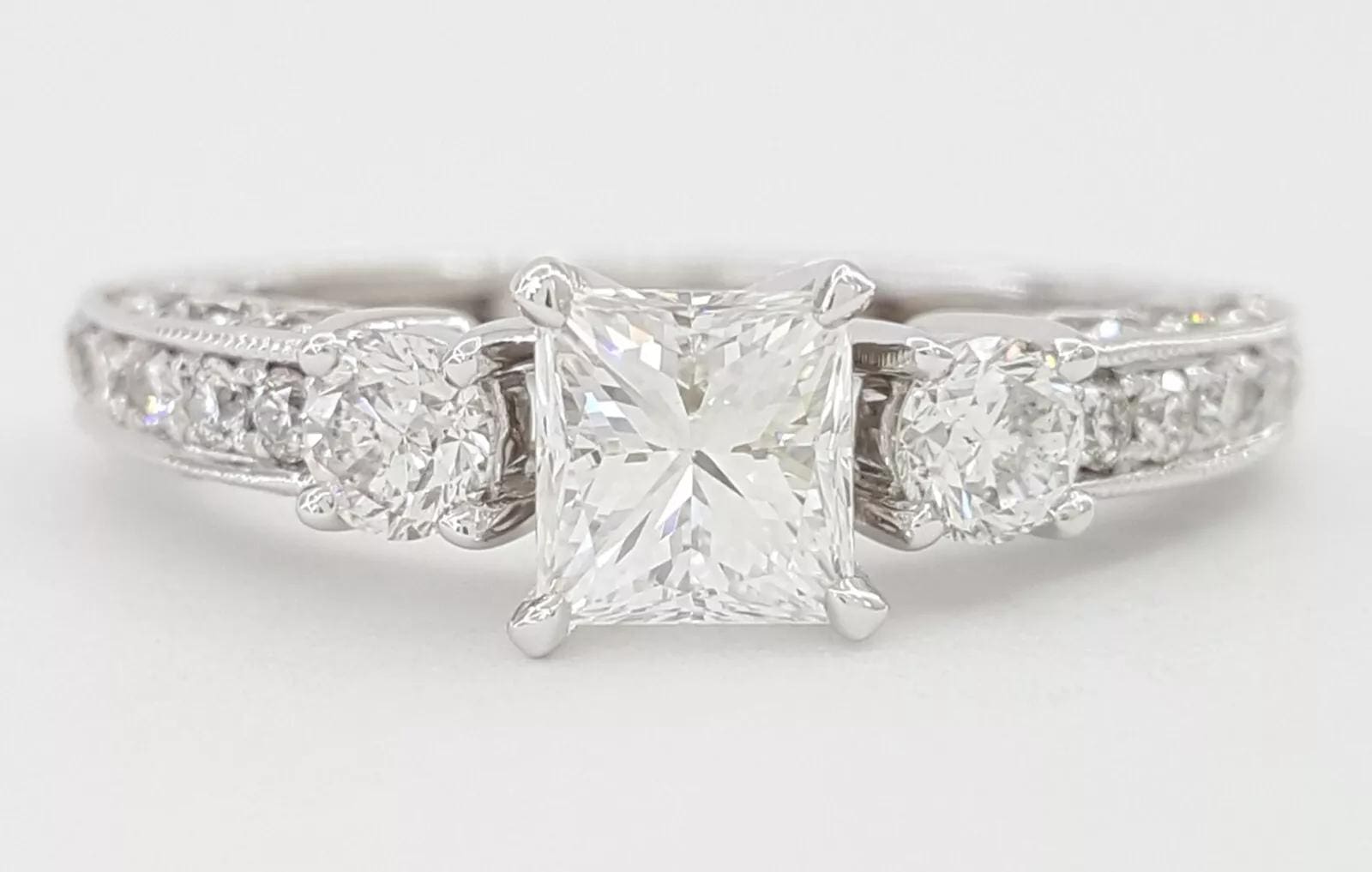 Princess Cut Diamond Three 3-Stone Diamond Engagement Ring 1.45 ct 18k W Gold