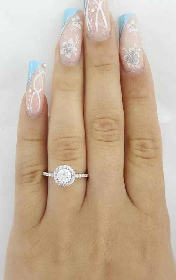 Natural Round Brilliant Diamond Halo Engagement Ring 0.9 ct 14k White Gold