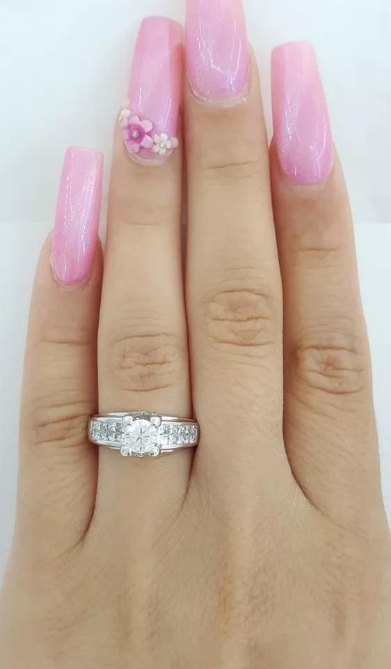 Round & Princess Brilliant Cut Diamond Engagement Ring 1.25 ct 14k White Gold