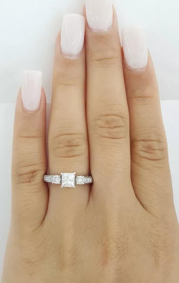 Princess Cut Diamond Three 3-Stone Diamond Engagement Ring 1.45 ct 18k W Gold