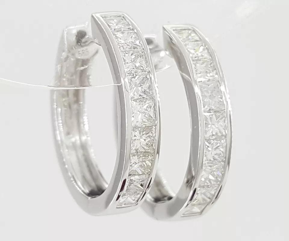 Princess Cut Diamond Hugger Hoop Earrings 15.2 mm 1 ct 14K White Gold