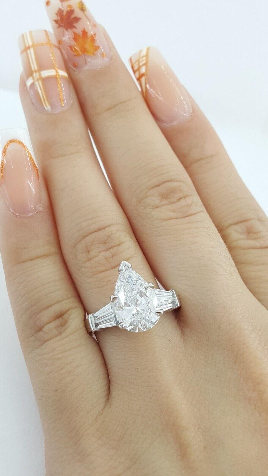 Pear & Baguette Cut Diamond Platinum Engagement Ring 3.02 ct GIA Rtl $38k