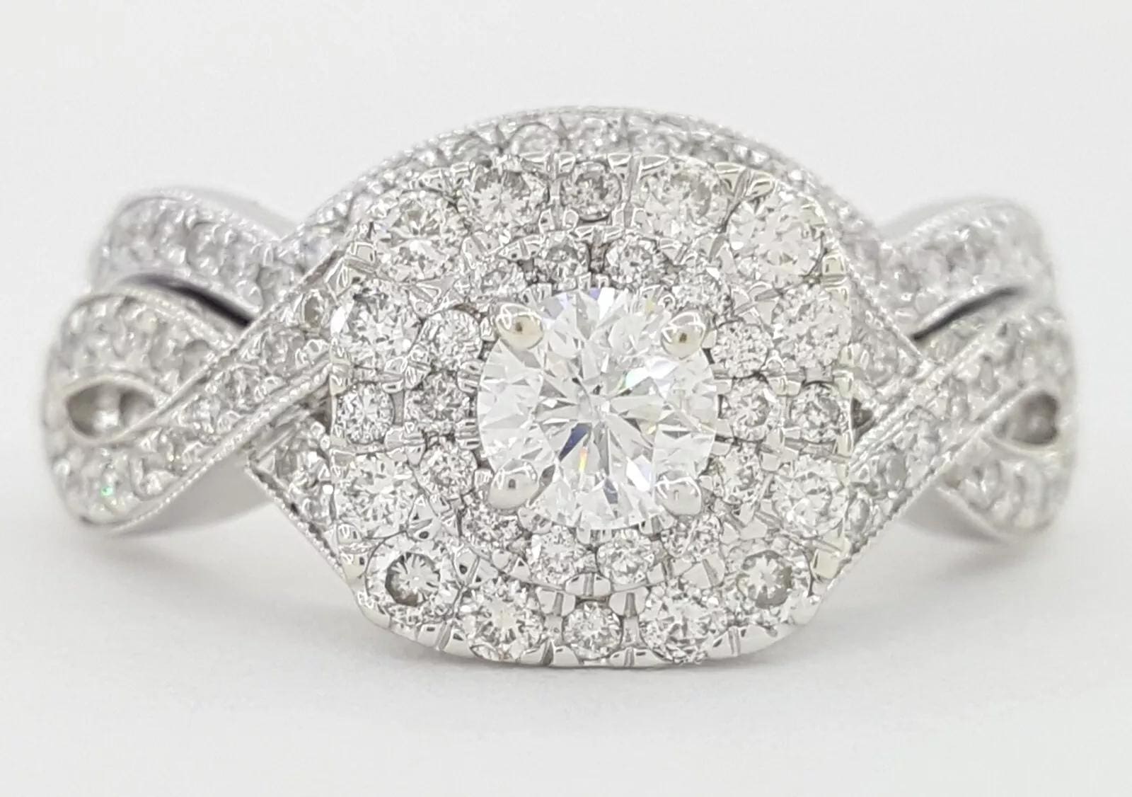 Round Diamond Double Halo Crossover Engagement Ring Set 1 ct 14k W Gold