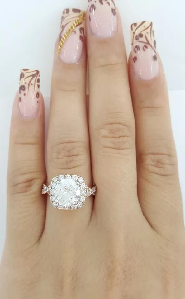 Round Diamond Crossover Halo Engagement Ring 2.9 ct 14K Rose Retail $42K