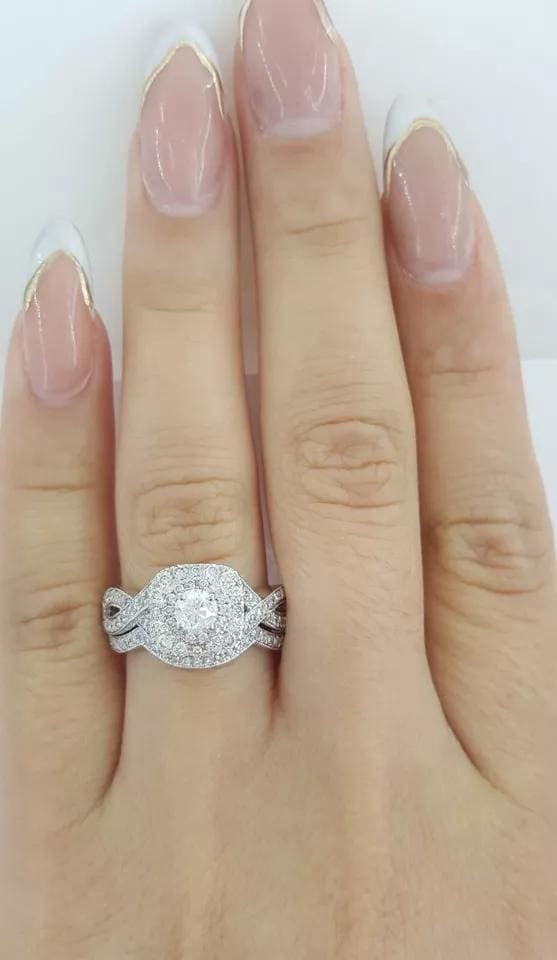 Round Diamond Double Halo Crossover Engagement Ring Set 1 ct 14k W Gold