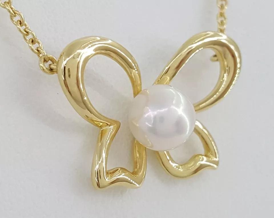Mikimoto Butterfly Necklace 18k Yellow Gold 7mm Akoya Pearl 18" 6.9 Grams