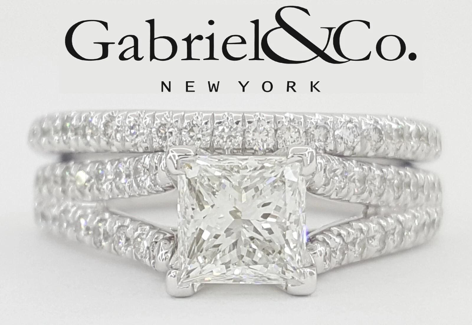 Gabriel & Co. Princess Cut Shank-Split Diamond Engagement Ring Set 1.65 ct 14k