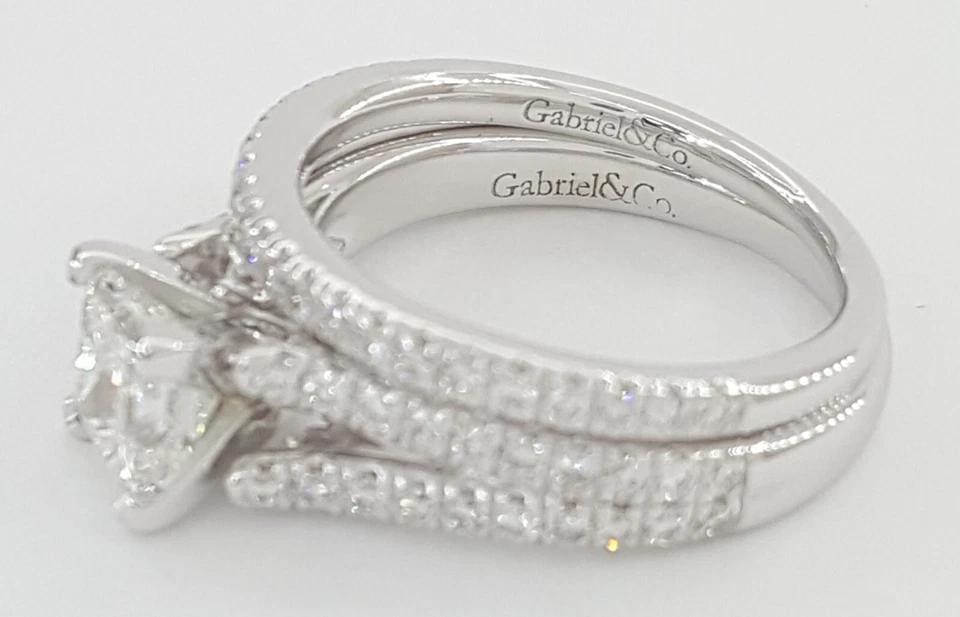 Gabriel & Co. Princess Cut Shank-Split Diamond Engagement Ring Set 1.65 ct 14k