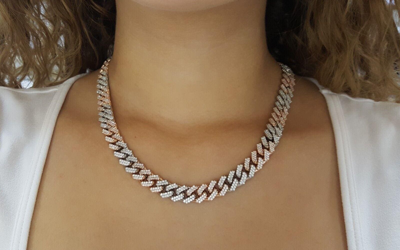 Cuban Chain Diamond Necklace 14 ct 10K Rose & White Gold 108.4g 18" 11mm Rt $35K