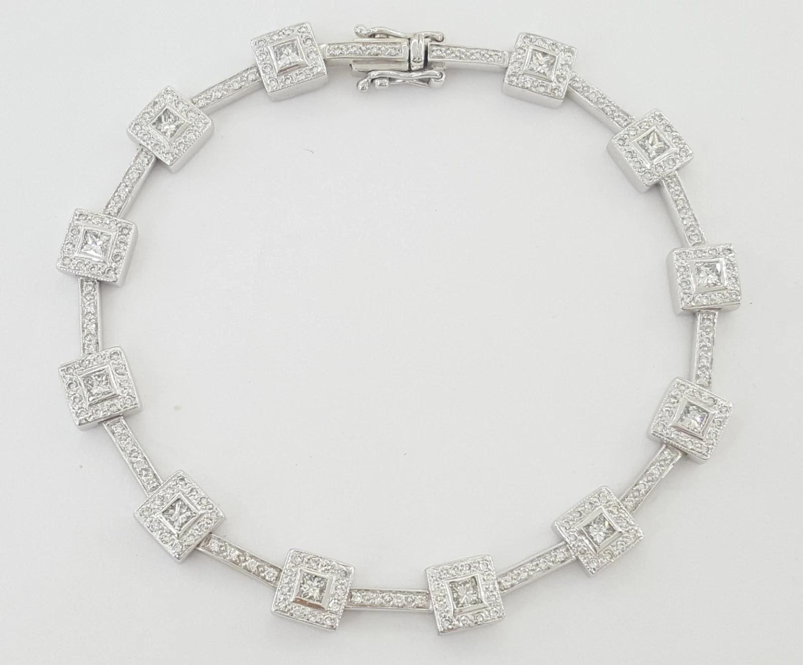 Princess Round Diamond Halo Bracelet 2.11 ct 18K White Gold 15 Grams 7.25"