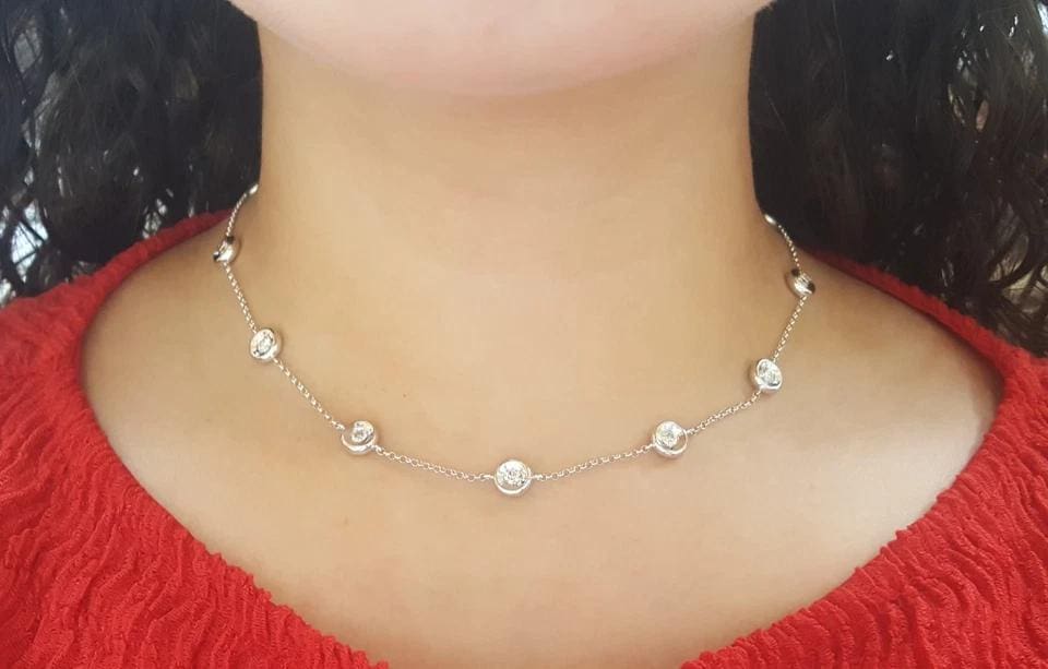 Round Brilliant Cut Diamond By The Yard Necklace 16" 1.4 ct 14K White Gold