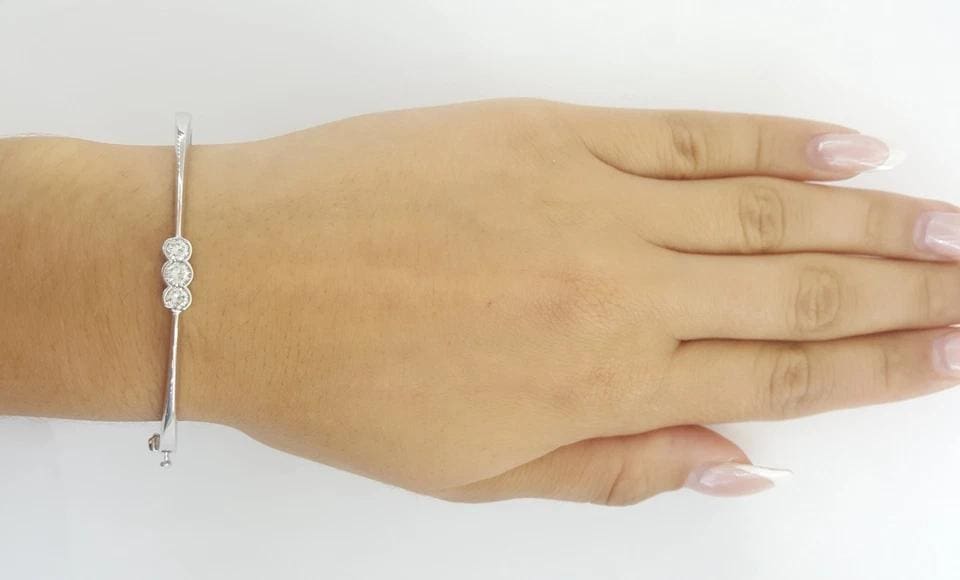 3 Stone Diamond Bangle Bracelet 0.57 ct 14k White Gold 6.5"