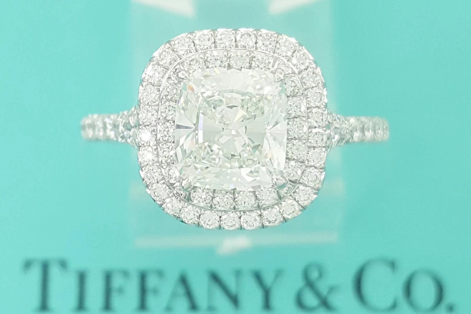 Tiffany & Co Soleste Cushion Double Halo Diamond Engagement Ring 1.99 ct Rt $53k