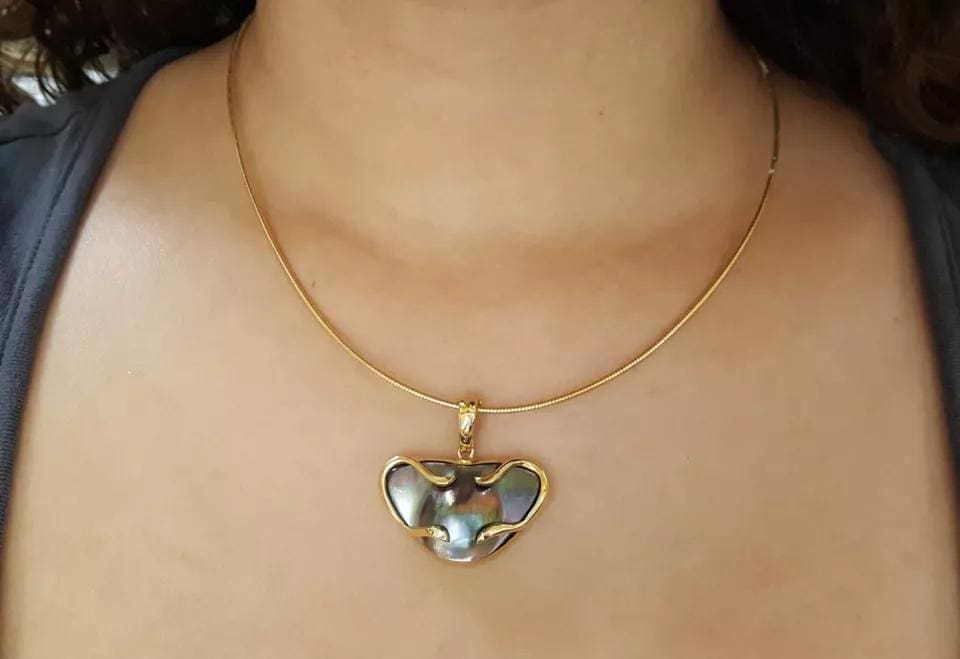 Tahitian Mabe Blister Pearl Slider Enchanter Necklace 14k Yellow Gold 20.3 Grams