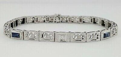 Antique Sapphire 14K White Gold & Old Euro Cut Diamond Bar Bracelet 8.6 grams 7"
