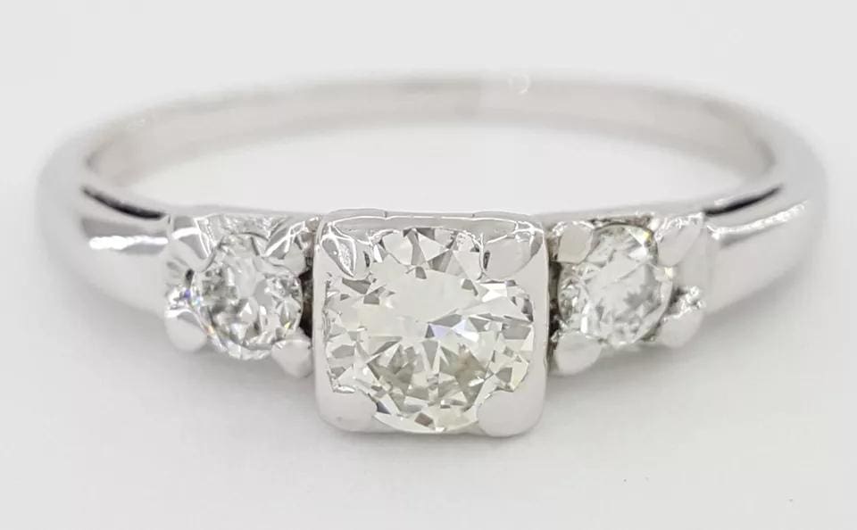 Vintage Three-Stone Round Diamond 14k White Gold & Plat 0.58 ct Engagement Ring