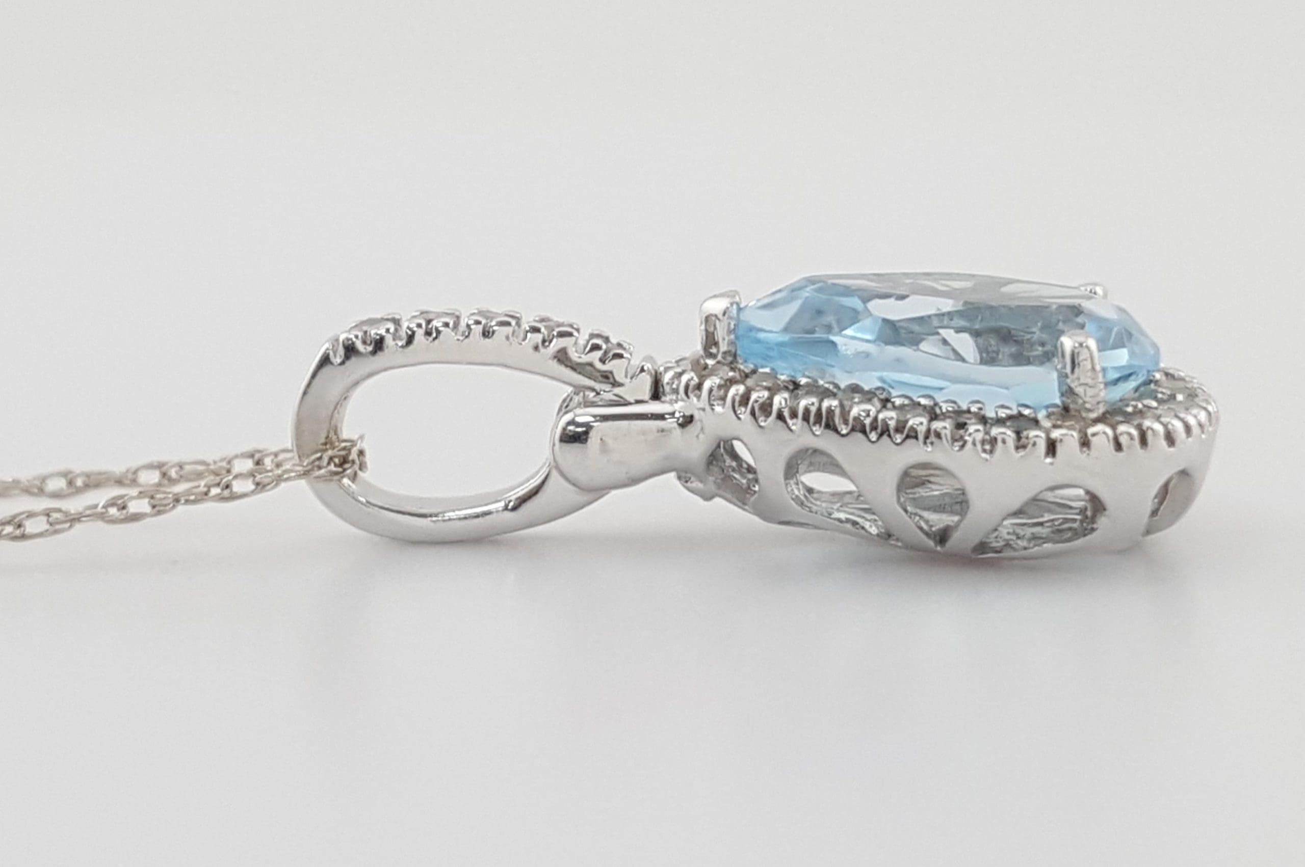 Aquamarine & Diamond Halo Pendant Necklace 10K White Gold