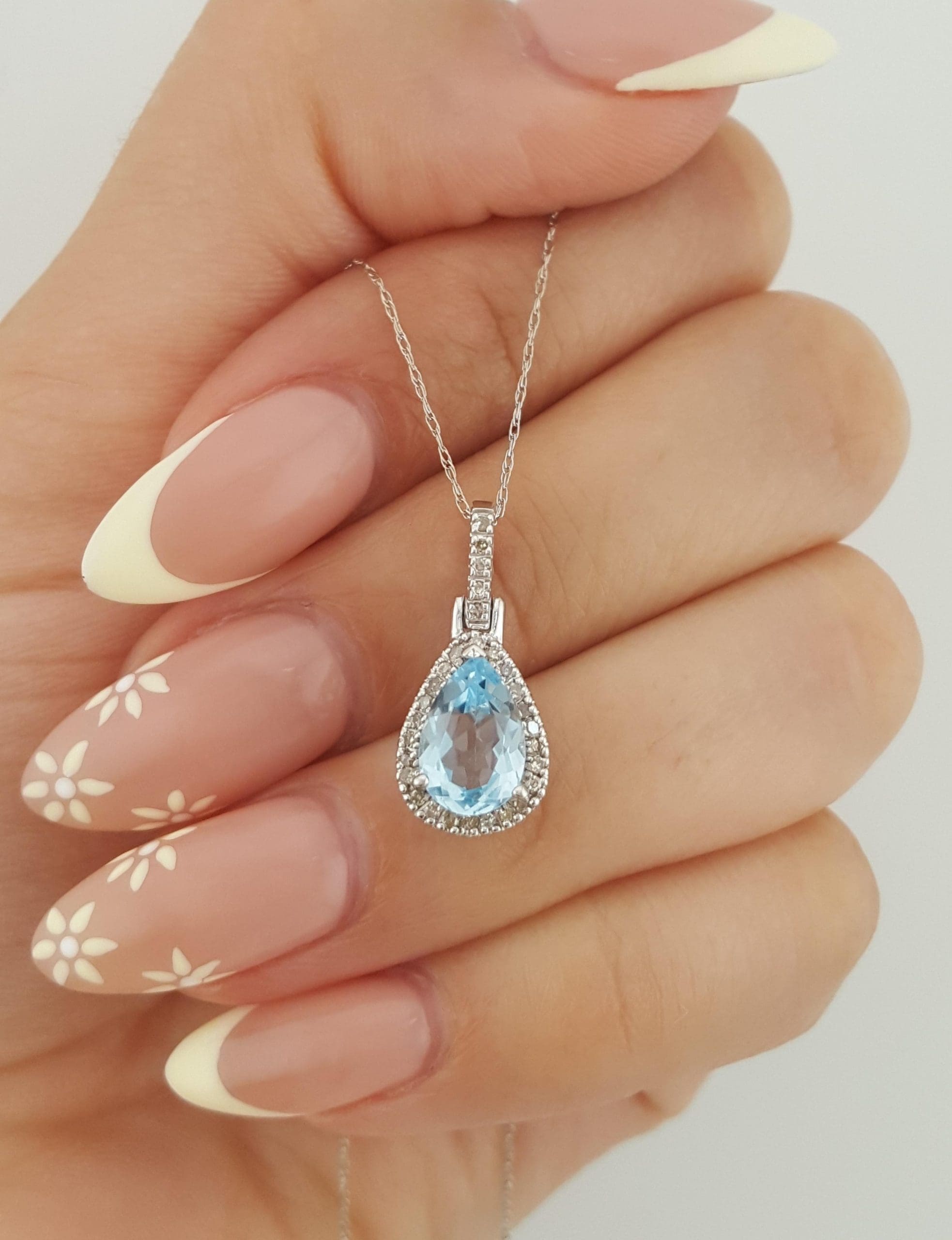 Aquamarine & Diamond Halo Pendant Necklace 10K White Gold