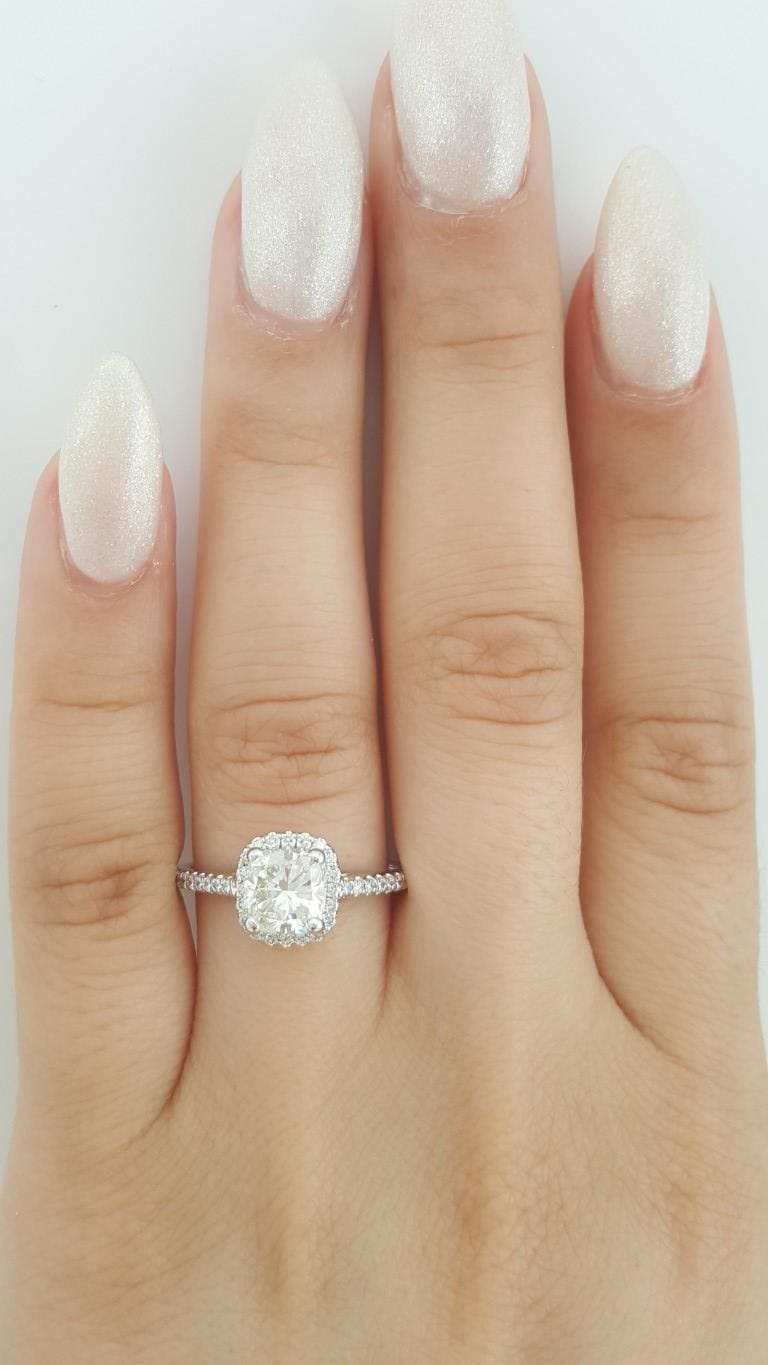 Cushion Diamond Halo Engagement Ring 1.71 ct 14k White Gold Retail $9K