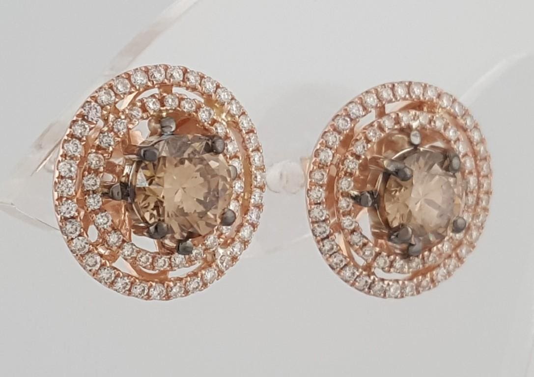LeVian Le Vian Chocolate Diamond Double Halo Earrings 14k Strawberry Gold 2.12ct