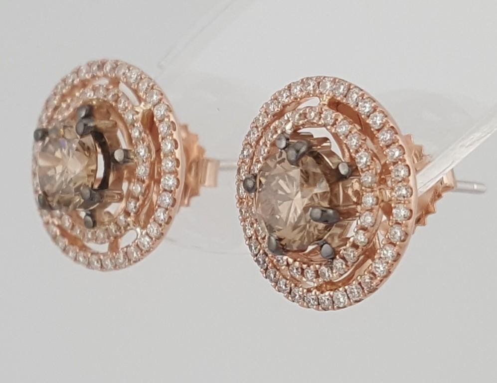 LeVian Le Vian Chocolate Diamond Double Halo Earrings 14k Strawberry Gold 2.12ct
