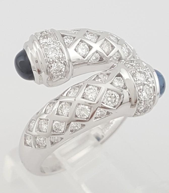 Cabochon Sapphire & Round Diamond Bypass Ring 2.6 ct 18K White Gold 14 mm