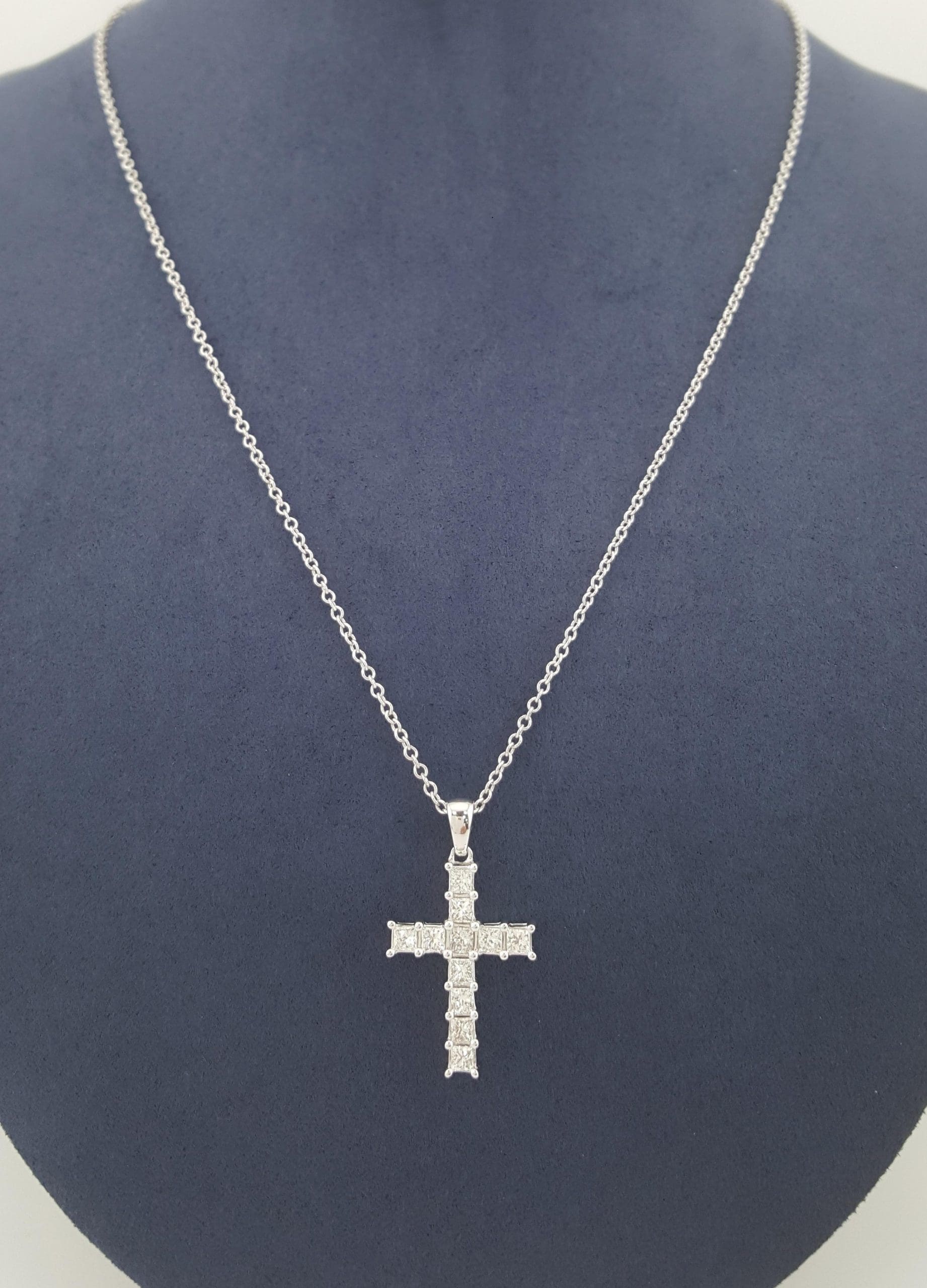 Princess Cut Diamond Cross Necklace 1.1 ct 18" 5.2 Gr 14k White Gold Rtl $3395