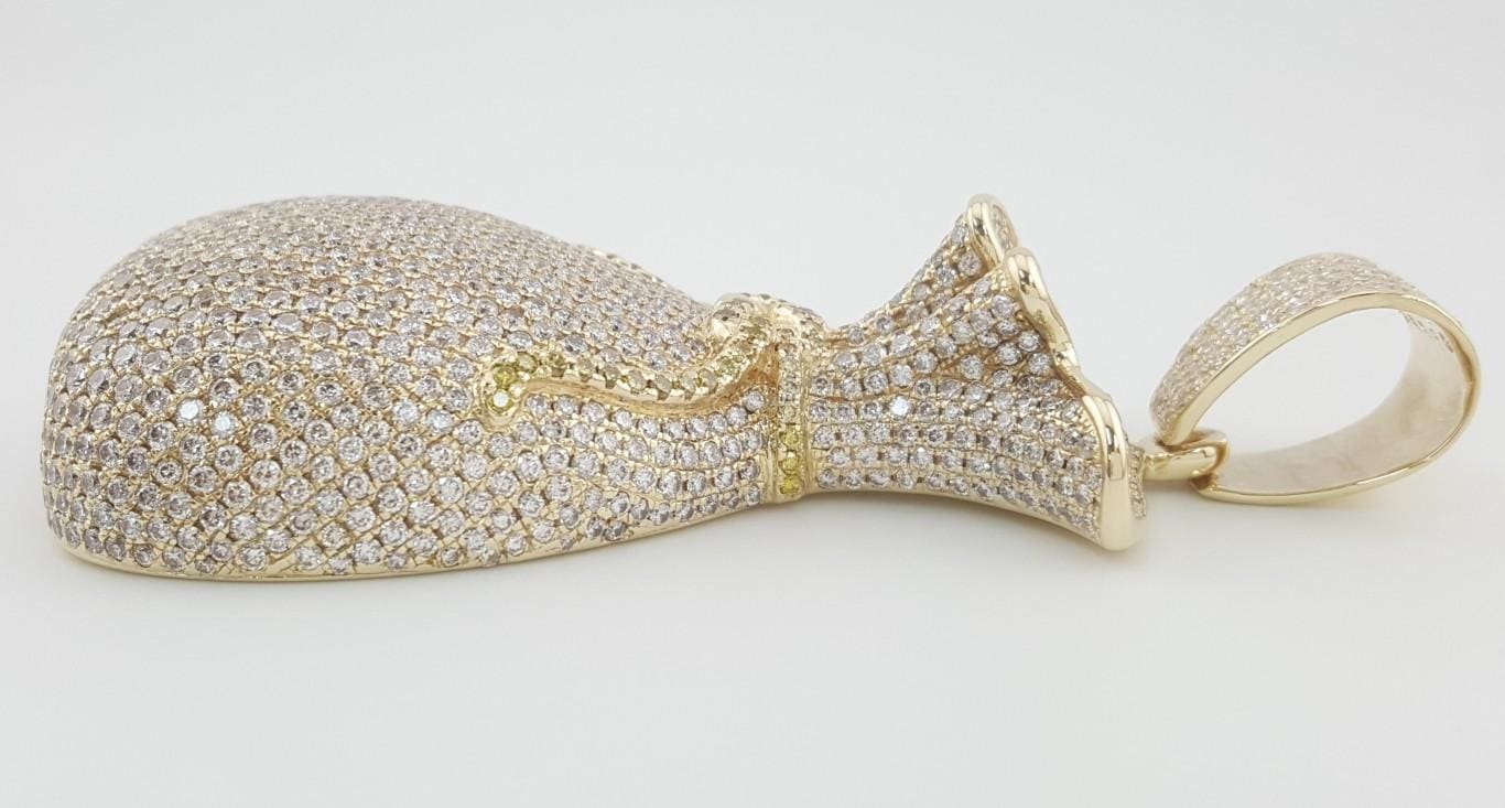 Money Bag Pave Diamond Pendant 15 ct 14k Gold 78.3 Grams 3.26" Retail $30K